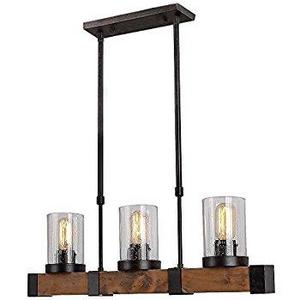 Anmytek Metal Wood and Glass Chandelier Pendant Light Retro Rustic Loft Antique Lamp Edison Vintage Pipe Sconce Decorative Light Fixtures and Ceiling Light Luminaire (Three lights)