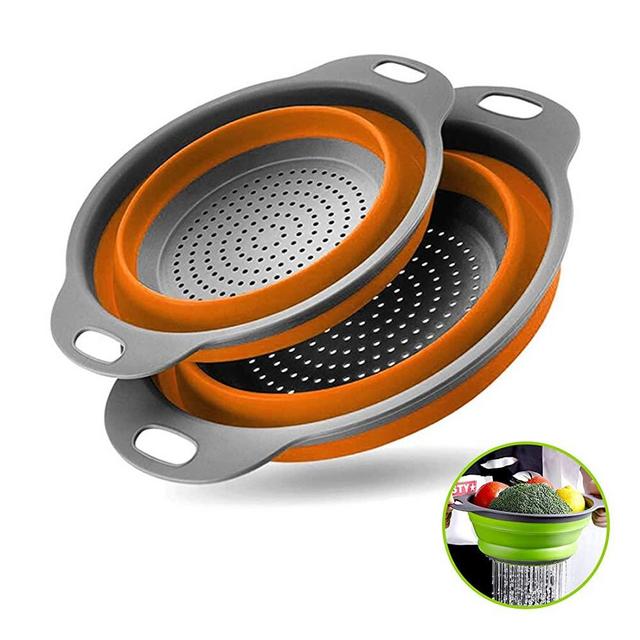 Collapsible Colanders with Handles with Extendable Handles Perfect for Draining Pasta Vegetable fruit 2 PC (Orange)