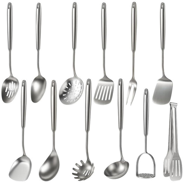 Newness 12 Pcs Cooking Utensils Set, 304 Stainless Steel Kitchen Utensils Set, Metal Kitchen Accessories, Include Soup Ladle, Slotted Skimmer Spoon, Spaghetti Spoon and Spatula, Dishwasher Safe