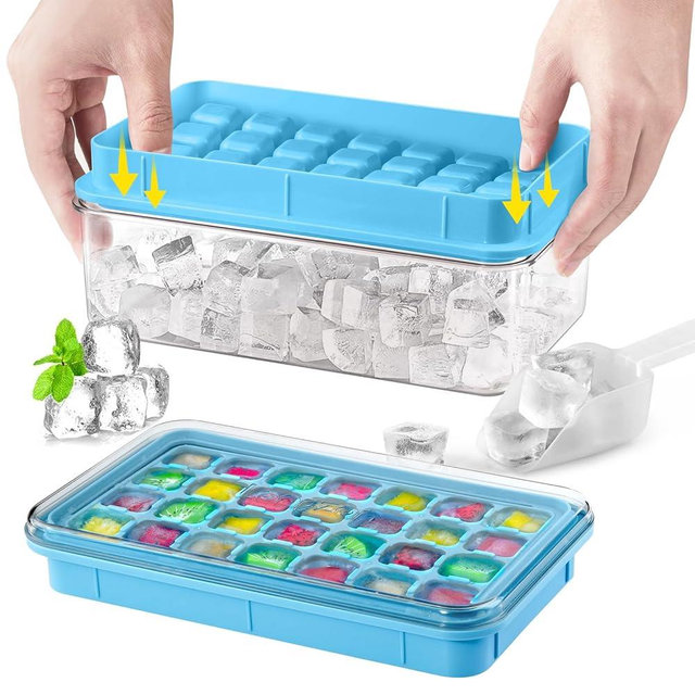 Longzon Ice Cube Tray with Lid and Bin, 56 Pcs Ice Cube Trays for Freezer, Ice Cube Mold, Ice Molds Spill-Resistant Removable Lid & Ice Scoop, Ice Mold for Whiskey Cocktail, Tea, Coffee -Blue