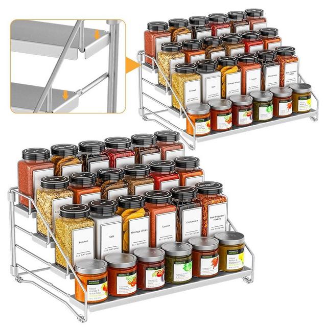 BOIVSHI 4 Tier Spice Rack Organizer for Cabinet, Spice Rack Organizer, Depth Adjustable Spice Organizer for Cabinet, Countertop, Cupboard, Pantry, Seasoning Shelf, Metal, Gray (2 Pack)