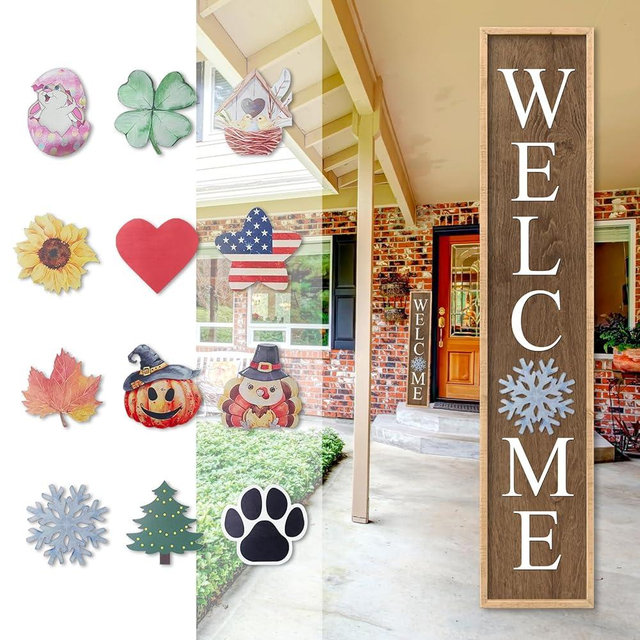 Aurapeak Interchangeable Welcome Sign for Front Porch Door, Outdoor Leaner Home Wooden Frame With 12 Pcs Replaceable Icons Outside Standing Seasonal Welcome Holiday Decorations (45"X9" Wood)