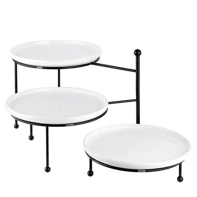 Yedio 3 Tiered Serving Stand with White Porcelain Plates, 10" Round Tray, Dessert Table Display Set, Round Dishes with Black Metal Display Stand for Veggie, Fruit, Cookies