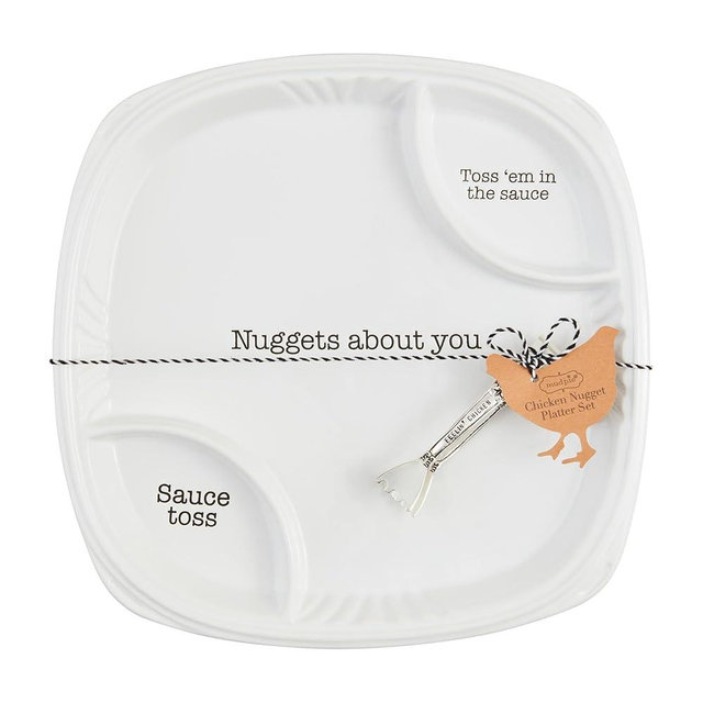 Mud Pie Circa Nugget Set, platter 12" x 12" | tongs 4 1/2", White