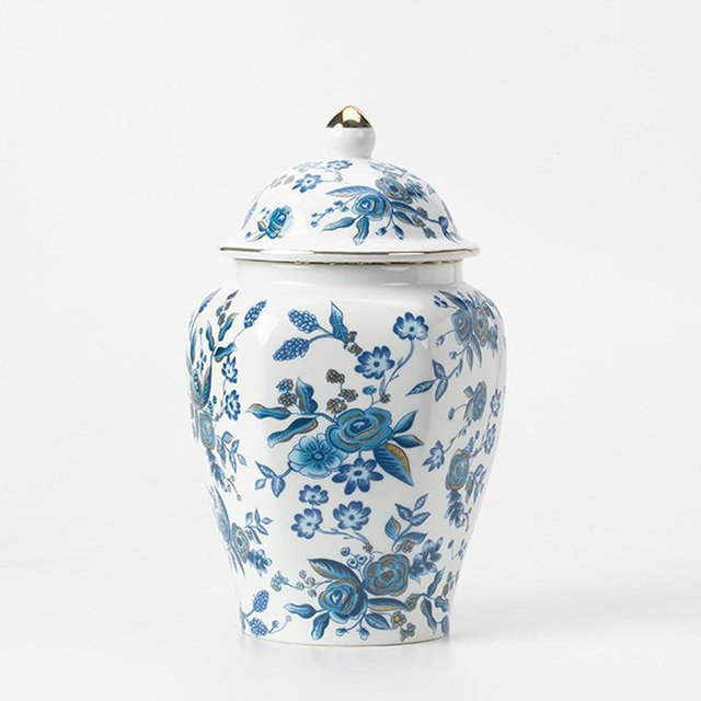 fanquare Porcelain Tea Canister for Loose Tea Vintage Chinese Blue Hexagonal Orchid Style Airtight Tea Storage Caddy Large Sugar Jar Table Vase for Kitchen Décor