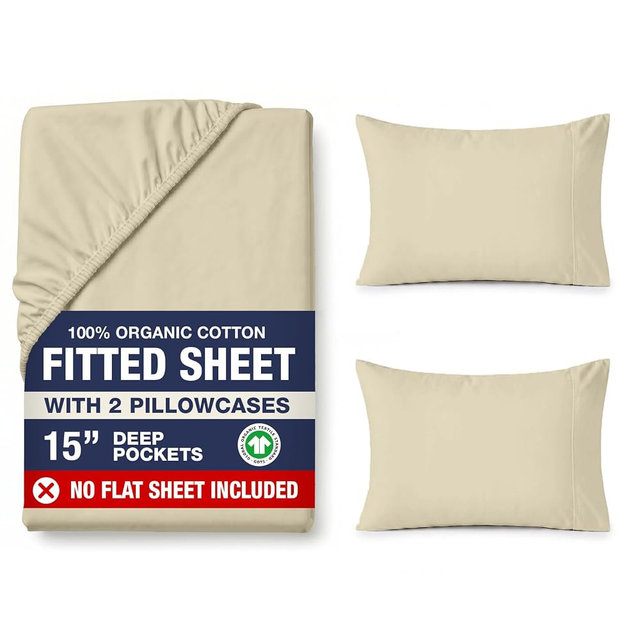 LANE LINEN Queen Fitted Sheet Set (No Flat Sheet) - 100% Organic Cotton Soft & Breathable Percale Weave Fitted Sheet Set for Added Comfort - 15'' Deep Pocket for Snug Fit - GOTS Certified - Linen