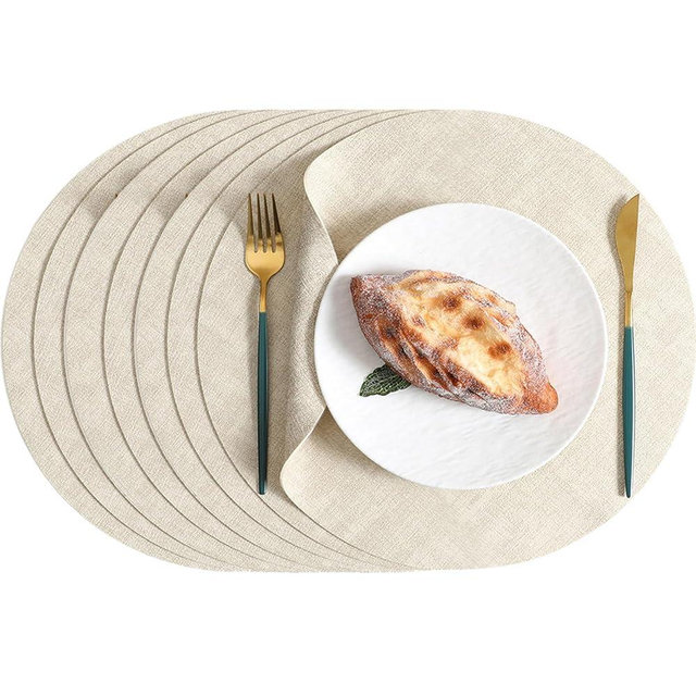 Werdast Round Placemats Set of 8, Reversible Faux Leather Waterproof and Heat Resistant Place Mats, Beige Oilproof Wipeable Washable Table Protective Placemats for Indoor & Outdoor