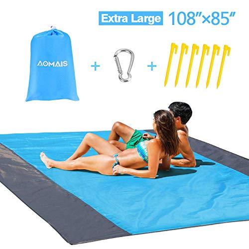 Sandfree Beach Blanket Large Size 108 x 85.2 inches for 7 Adults Outdoor Portable Travel Accessories Family Picnic Camping Mat Waterproof Lightweight Soft & Durable with 6 Stakes & 4 Corner Pockets