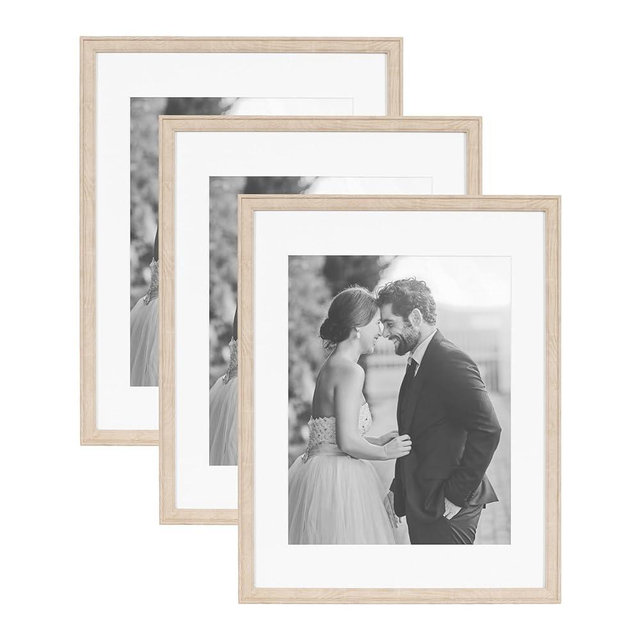Kate and Laurel Adlynn Rectangle Picture Frame Set of 3, 14 x 18 matted to 11 x 14, Natural, Transitional Three-Piece Frame Set for Gallery Wall Frame Set in Living Room Wall Decor