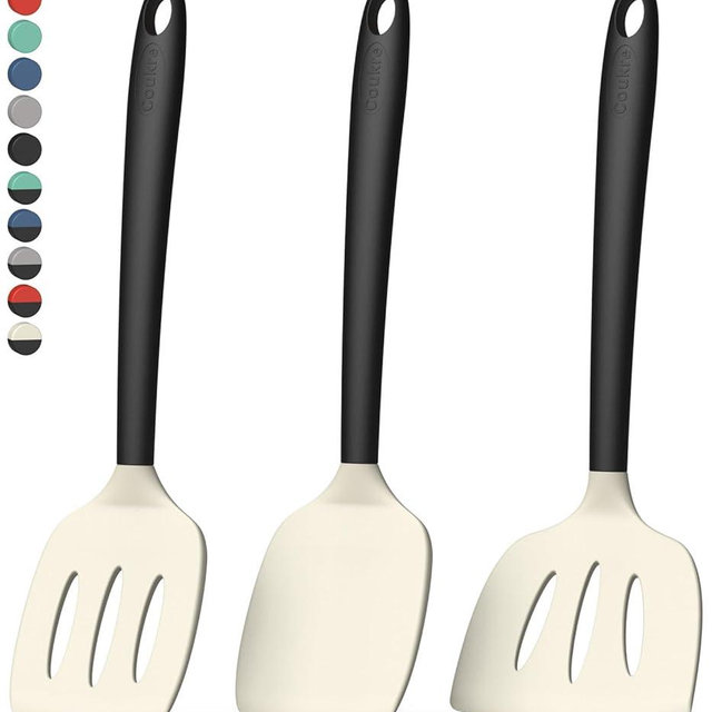 Coukre 3 Pack Silicone Spatula Set, High Heat Resistant, BPA-Free, Fish Spatula, Solid & Slotted Turner for Non-Stick Pans, Flipping Eggs, Pancakes, Fish, Burgers (3, BeigeBlack)