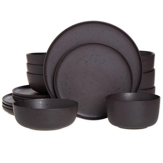 Gibson Mio 16 Piece Stoneware Dinnerware Set in Pepper With Reactive Glaze