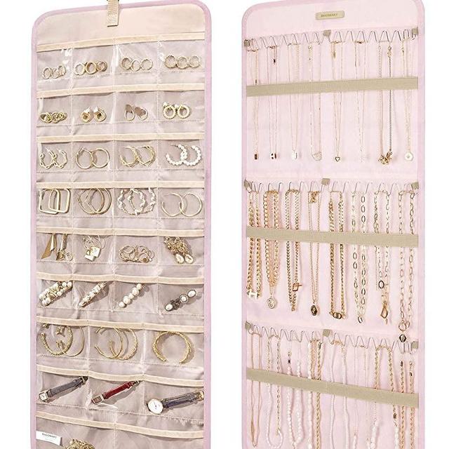 BAGSMART Hanging Jewelry Organizer Storage Roll with Hanger Metal Hooks Double-Sided Jewelry Holder for Earrings, Necklaces, Rings on Closet, Wall, Door, 1 piece, Large, Pink