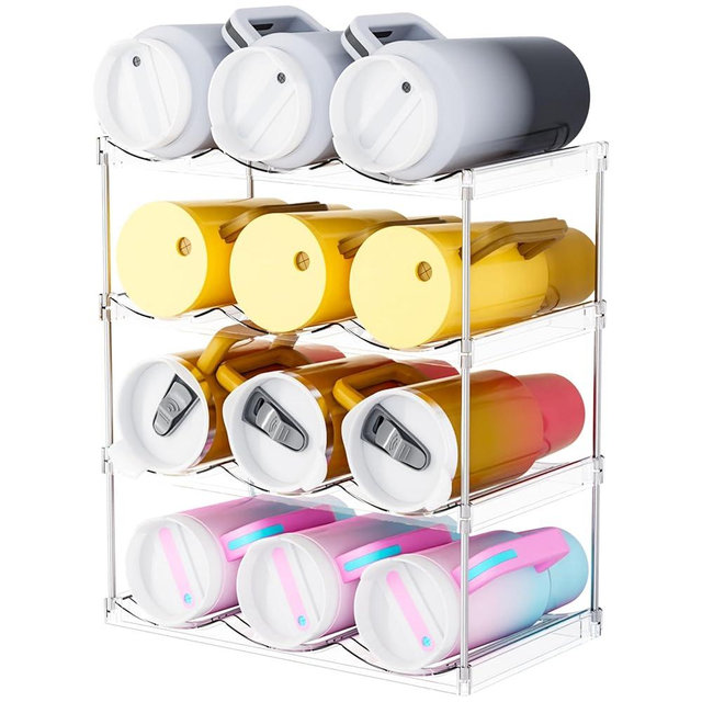 Stackable Water Bottle Organizer for Cabinet,4 Pack Water Bottle Holder for Stanley Yeti 40 oz Bottle Shelf,Clear Tumbler Storage Organizer,Wine Rack,Cup Organizer for Kitchen Cabinets Counter Pantry