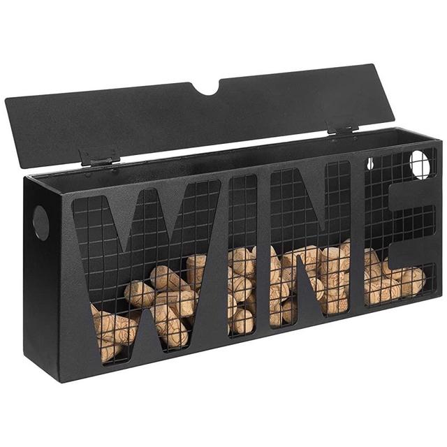 MyGift Wall Mounted Black Metal Wine Cork Storage Holder/Decorative Bin with Top Lid and WINE Cutout Wire Design