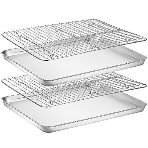 Baking Sheet with Rack Set [2 Pans + 2 Racks], Wildone Stainless Steel Cookie Sheet Baking Pan Tray with Cooling Rack, Size 16 x 12 x 1 Inch, Non Toxic & Heavy Duty & Easy Clean