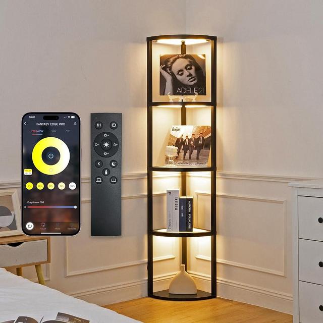 FENLO Fantasy Edge Pro - 66" Glass LED Corner Shelf Lamp with Adjustable Color Range (2700K-6000k), Dimmable Corner Floor Lamp with Shelves, Remote/App Control, On/Off Light Timer
