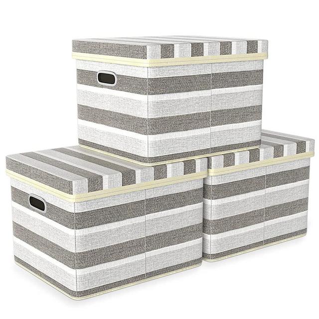 Huolewa Foldable Storage Boxes with Lids, Large Linen Fabric Storage Organizer Bins, Stackable Decorative Storage Container Baskets with Covers, ideal for Home, Nursery, Closet - 3 Pack