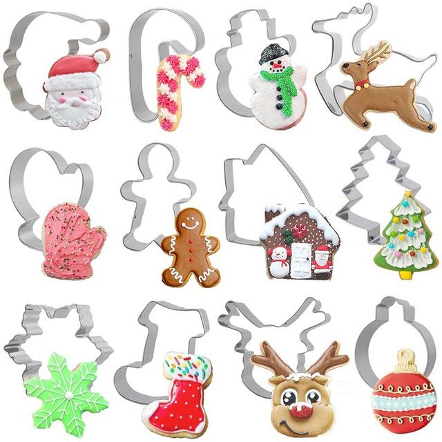 12 Packs Christmas Cookie Cutter Set Stainless Steel, Gingerbread Man, Santa Claus, Snowflake, Xmas Reindeer, Christmas Tree, Candy Baking Molds