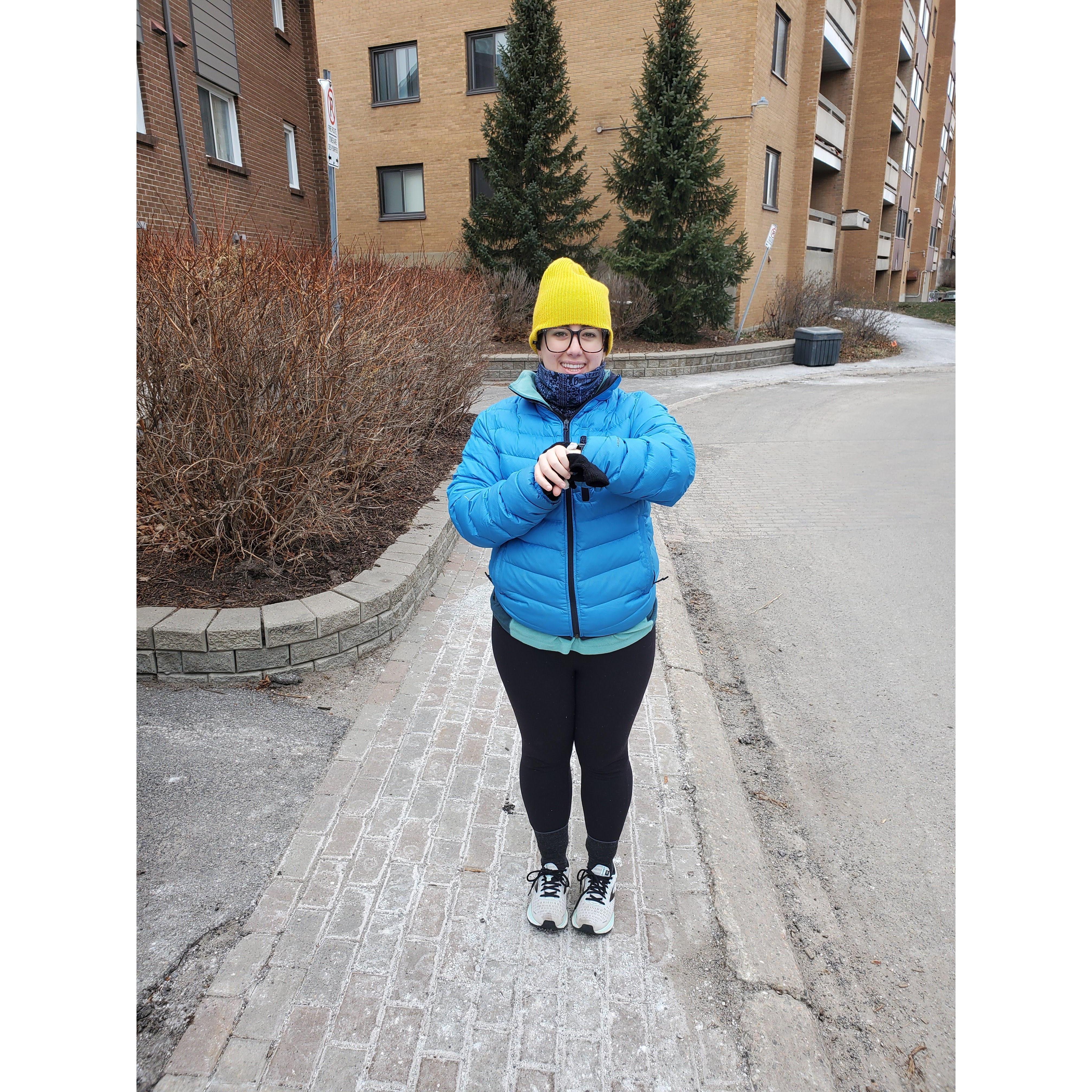 Joelle, the jogging smurf. We are very competitive by nature and track all our runs to try to beat each other's monthly mileage.