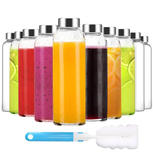 18 oz Clear Glass Bottles with Lids, Reusable Glass Water Bottles with Stainless Steel Cap for Juicing,Refrigerator,100% Leak Proof, BPA Free Eco Friendly,Water Bottle Set of 10