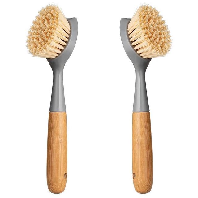 2 Pack Kitchen Dish Brush Bamboo Handle Dish Scrubber Built-in Scraper, Scrub Brush for Pans, Pots, Kitchen Sink Cleaning, Dishwashing and Cleaning Brushes are Perfect Cleaning Tools, Color-Gray