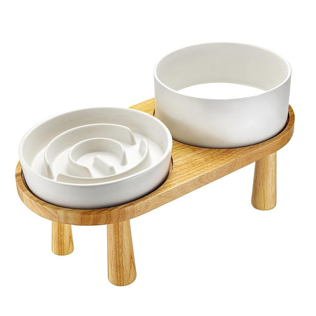 MOPANG Ceramic Slow Feeder Dog Bowl and Water Bowl Set for Medium and Large Breed, Ceramic Dog Bowls Elevated with Wooden Stand, 2.0 Cups Dog Slow Feeder(30oz) and 70oz Water Bowl Set, White