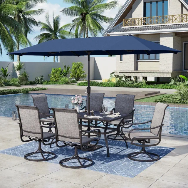 Captiva Designs 8pc Patio Rectangular Steel Dining Table & Quick-dry Sling Swivel Chairs & Navy Blue Umbrella