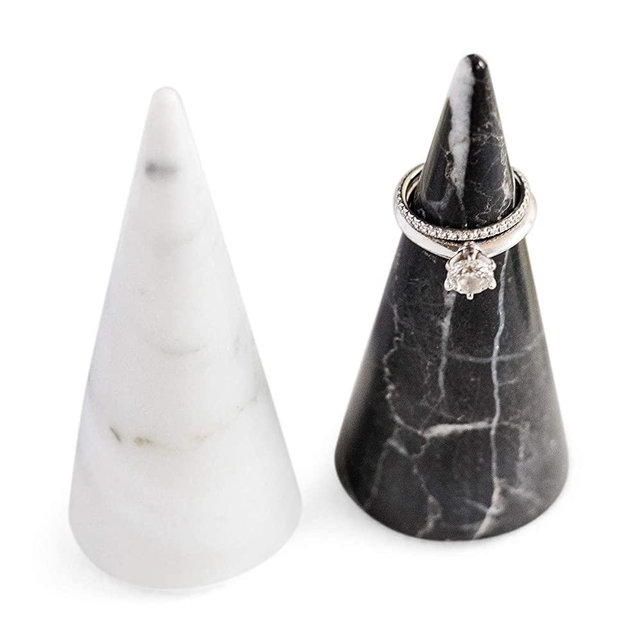 Ring Holder Cone Genuine Marble Polished| Ring Jewelry Display Stand (black marble & white marble, 2)