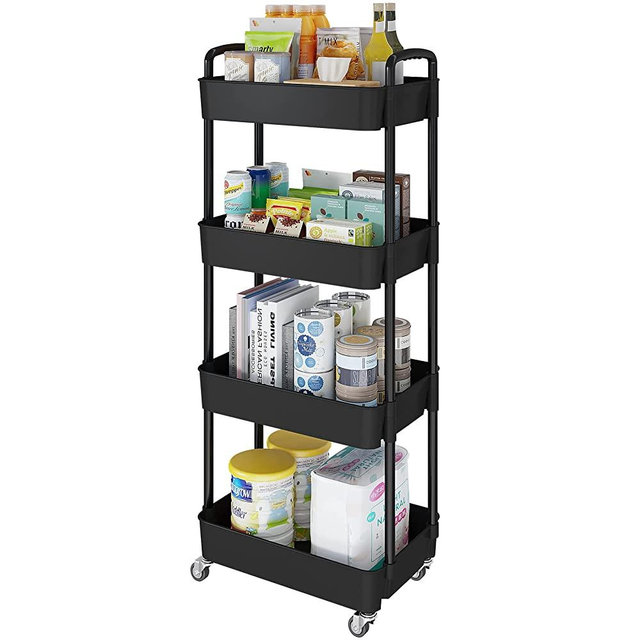 Laiensia 4-Tier Storage Cart,Multifunction Utility Rolling Cart Kitchen Storage Organizer,Mobile Shelving Unit Cart with Lockable Wheels for Bathroom,Laundry,Living Room,With Classified Stickers,Black