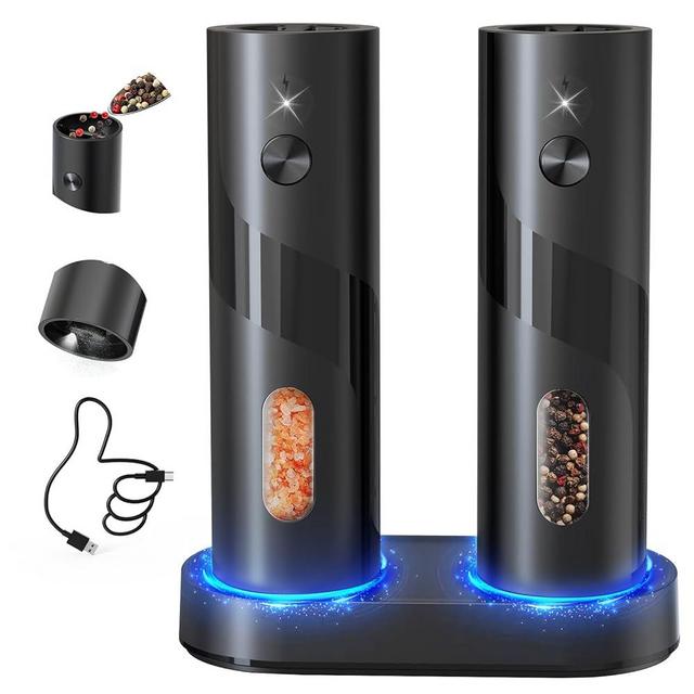 CIRCLE JOY Electric Rechargeable Salt and Pepper Grinder Set Top-Refill Automatic Pepper Mill Grinder with Charging Base, Adjustable Coarseness, Easy Filling Larger Capacity with Led for Home Kitchen