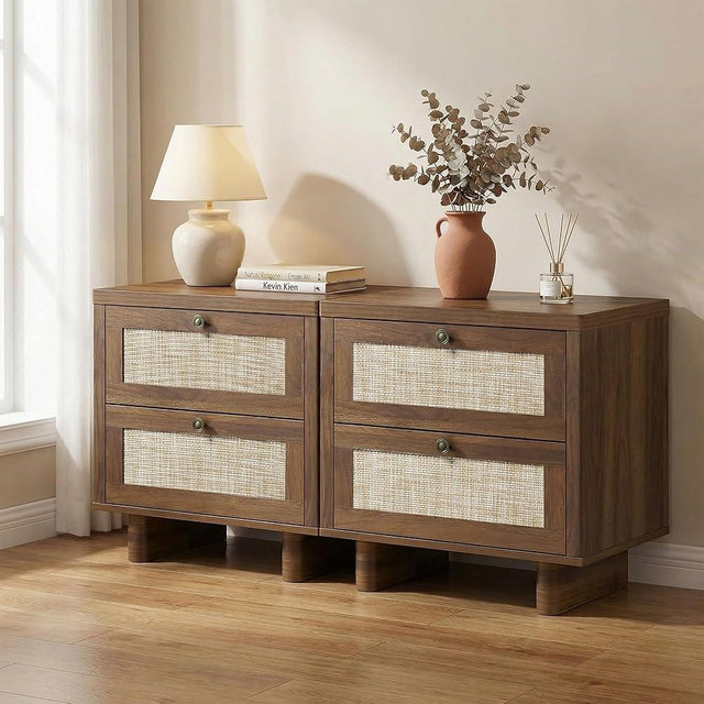 LAZZO Nightstands Set of 2, Mid Century Modern Night Stand with Rattan Drawers, Walnut Nightstand Bedside Table Set of 2, End Table for Bedroom (Walnut)