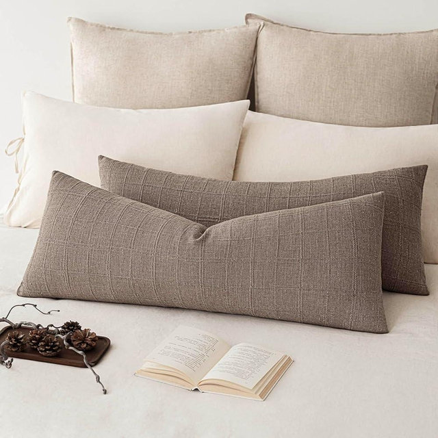 Foindtower Set of 2 Decorative Linen Check Throw Pillow Covers Neutral Long Body Lumbar Cushion Covers Farmhouse Vintage Boho Home Decor for Sofa Chair Couch Bedroom Living Room,14×36 Inch,Tan Taupe