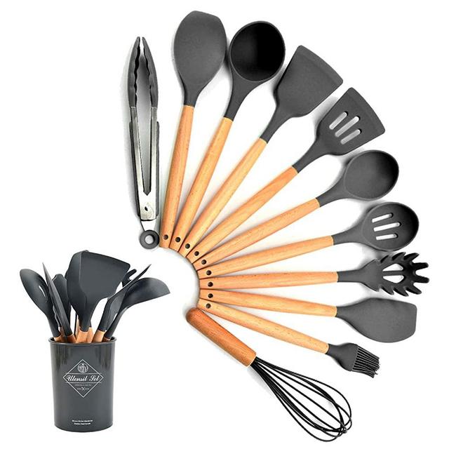 Silicone Kitchen Utensil Set,Liford 12 PCS Non-stick Silicone Cooking Utensils Set For Home or Picnic,Wooden Handle Heat Resistant(Grey)