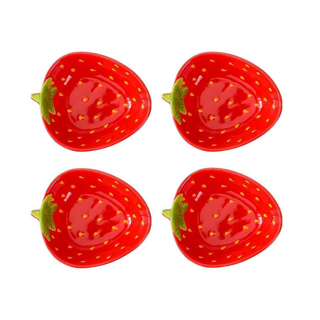 WAIT FLY Cute Multipurpose Ceramic Appetizer Plates Dessert Bowls Sauce Dish Seasoning Dishes Candy Nuts Snacks Dishes-Strawberry-4 PCS