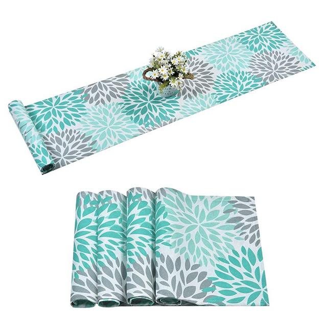 Alishomtll Dahlia Pinnata Table Runner with 4 Placemats Green Gray Print Flower Table Runners Set Top Decor for Dinner Parties, Catering Events, Wedding, Indoor and Outdoor Parties