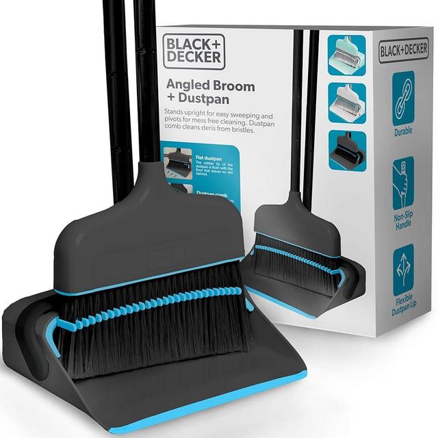 BLACK+DECKER Butler Broom & Dustpan Set - Short Handle, Stand-Up Design - Lightweight, Space-Saving Combo for Kitchen, Living Room, Bathroom, Lobby Floors - Home Cleaning Essential, Black/Blue