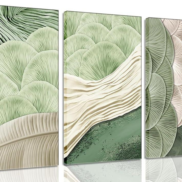 Framed Abstract Green Wall Art Set of 3-Mid Century Textured Natural Botanical Living Room Wall Decor, Green Botanical Canvas Posters Print for Bedroom Office Home Decor Picture 12x16 In