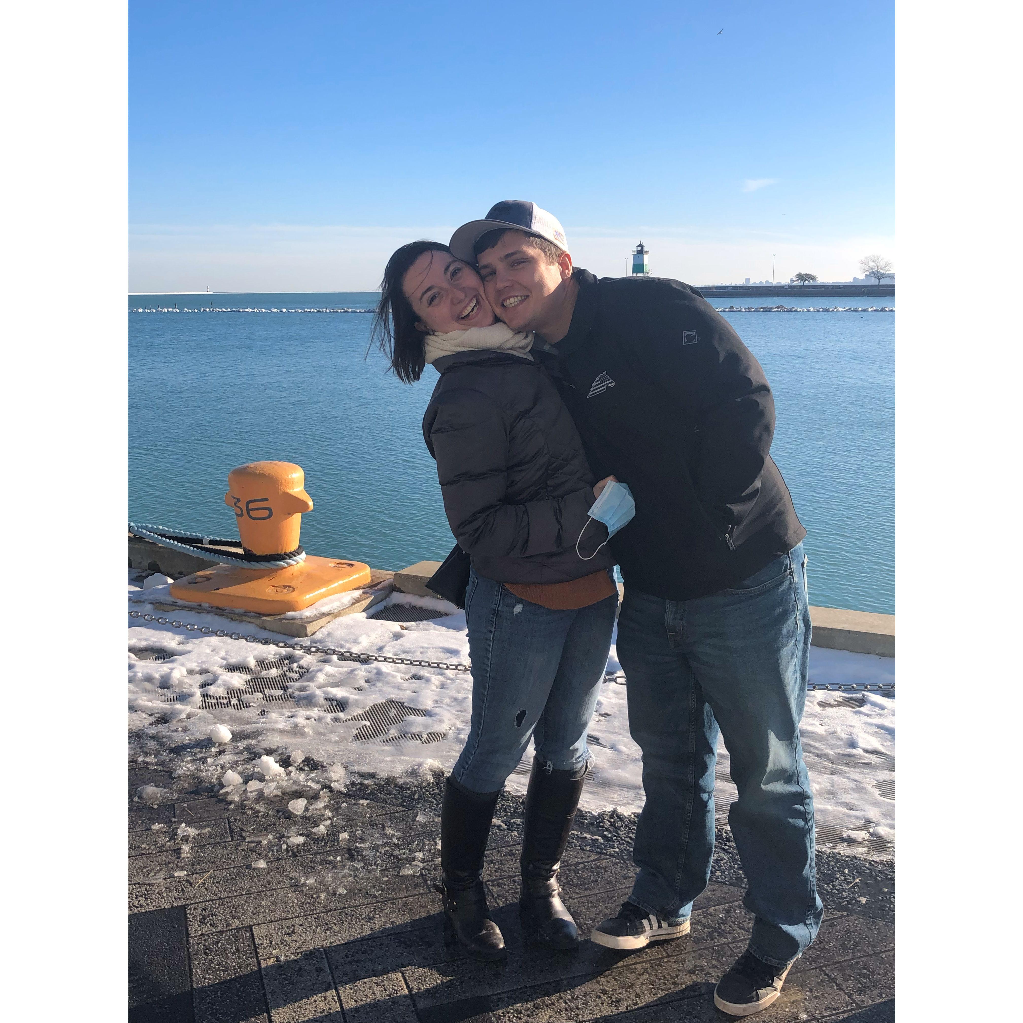 Robin embarked on a mission from God to keep us from falling into Chicago Harbor while getting this picture.