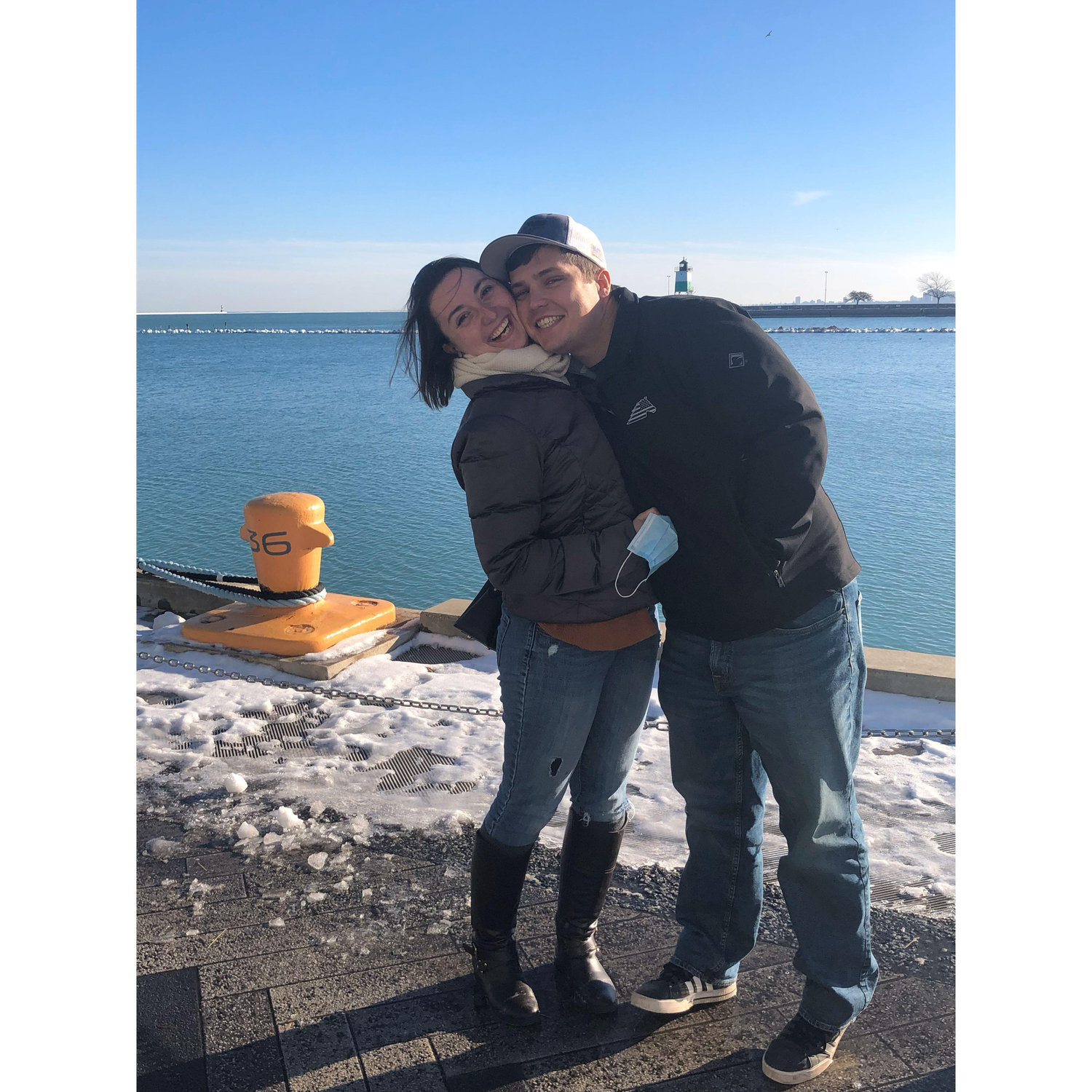 Robin embarked on a mission from God to keep us from falling into Chicago Harbor while getting this picture.