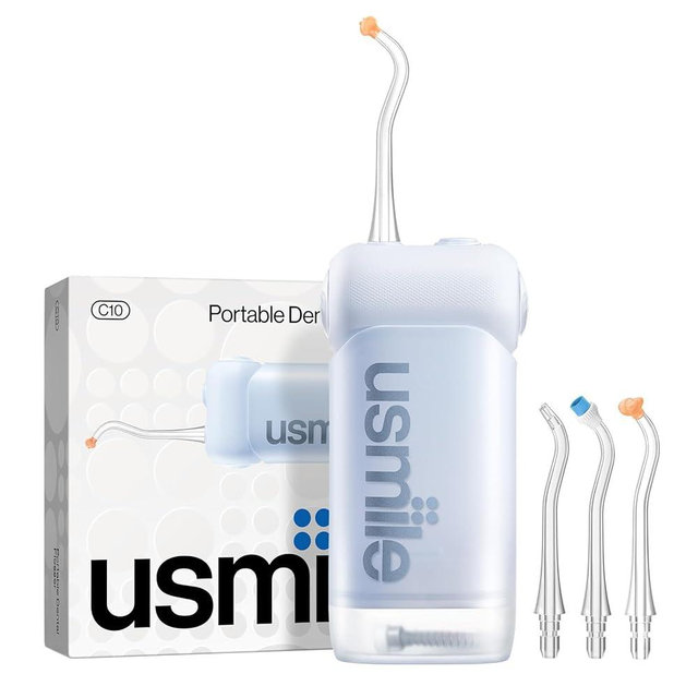 usmile C10 Portable Water Flosser – Travel-Friendly, 95-Day Battery, 4 Modes, 360° Nozzle, 180ml Tank, IPX7 Waterproof, Dentist-Recommended for Braces, Implants & Sensitive Gums (Blue)
