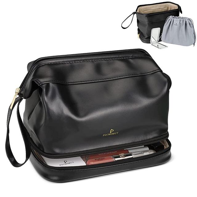 Pocmimut Leather Makeup Bag,Makeup Bag Cosmetic Bag for Women 2-in-1 Portable Drawstring Travel Makeup Bag with Mirror Large Double Layer Make Up Brush Bags(Elegant Black)