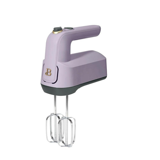 Beautiful Kitchenware 6-Speed Hand Mixer by Drew Barrymore – 350-Watt DC Power, Turbo Function, Soft-Matte Finish, Accessory Case + Beaters, Dough Hooks, Stainless Whisk (Lavender)