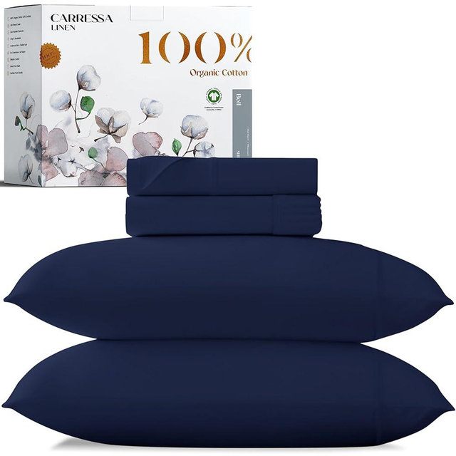 Carressa Linen 100% Organic Cotton Full Size Bed Sheets - Soft & Crisp Organic Cotton Sheet Set Full Size, 4 PC Sateen Weave Sheets and Pillowcases, Organic Cotton Sheets 16" Deep Pocket - Navy Blue