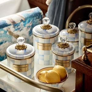 MACKENZIE-CHILDS Enamel Canister, Kitchen Storage Container with Lid, Large, 64-Ounce Capacity, Light-Blue-and-White Sky Check