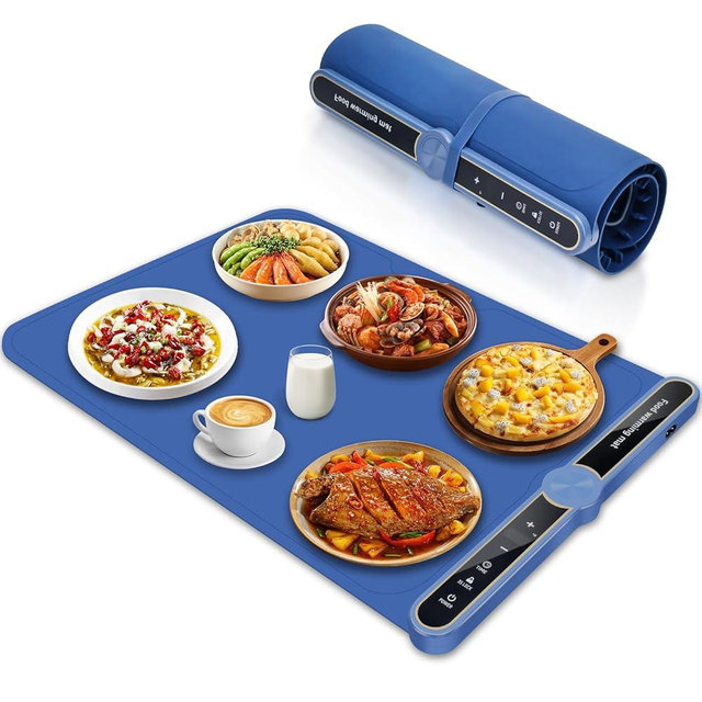 Food Warming Mat, Fast Heating Silicone Electric Warming Mat with 9 Level Temperature, Roll Up Food Warmer for Buffet Parties Everyday Use 23.6'' x 15'', Dark Blue