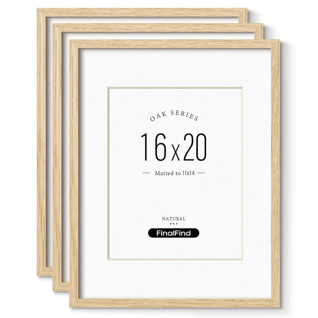 FinalFind Minimalist 16x20 Frames with Mat for 11x14 Set of 3, Natural Solid Oak Wood 16x20 Frame, Lightweight for Wall Mounting(3 Pack, Oak)