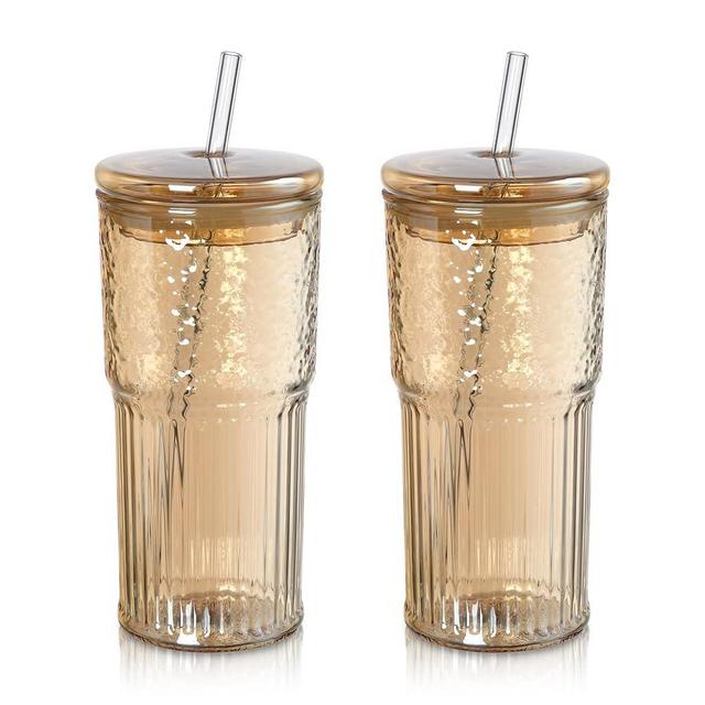 Joeyan 22 oz Amber Glass Tumbler with Straw and Lid for Iced Tea Coffee Smoothie Water Juice Beverages Soda,Ribbed Glasses Cups,Borosilicate Drinking Jar,Set of 2,Dishwasher Safe