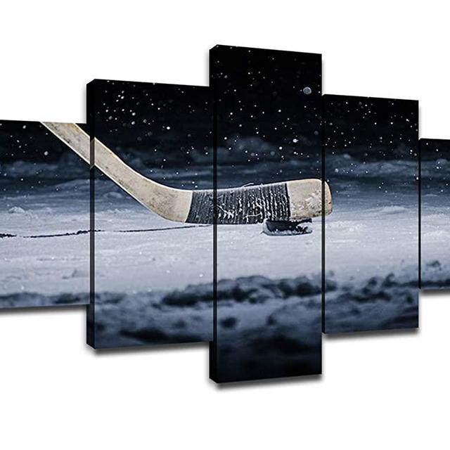 Ice Hockey Poster Wall Decor for Living Room Painting 5 Piece Canvas Stick and Ball Prints Wall Art Picture Modern Decoration for Home Poster with Frame Ready to Hang(60''Wx32''H)