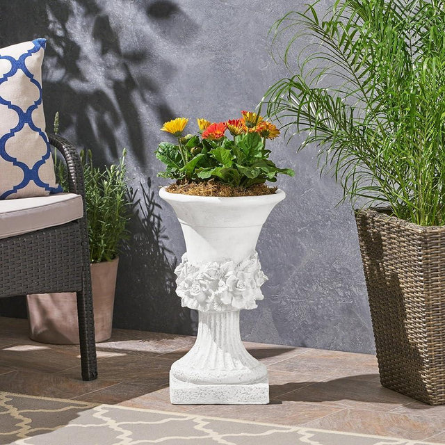 Decorative Garden Urn Planters, Round Flower Pots, Vintage European Style Planter Indoor Outdoor, Classic Traditional Outdoor Weather Resistant Decorative Planter (Antique White, Style 6)