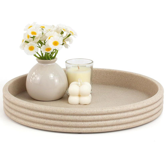 YMXYJM Round Decorative Tray - Modern Coffee Table Tray Decor, Resin Home Decor for Living Room & Bedroom. Multi-Functional Coffee Table Centerpiece with Anti-Slip Pads - 11x1.5 Inch Key Trays - Beige
